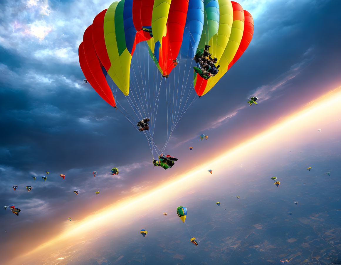 Colorful hot air balloons flying at sunset with dramatic sky and clouds