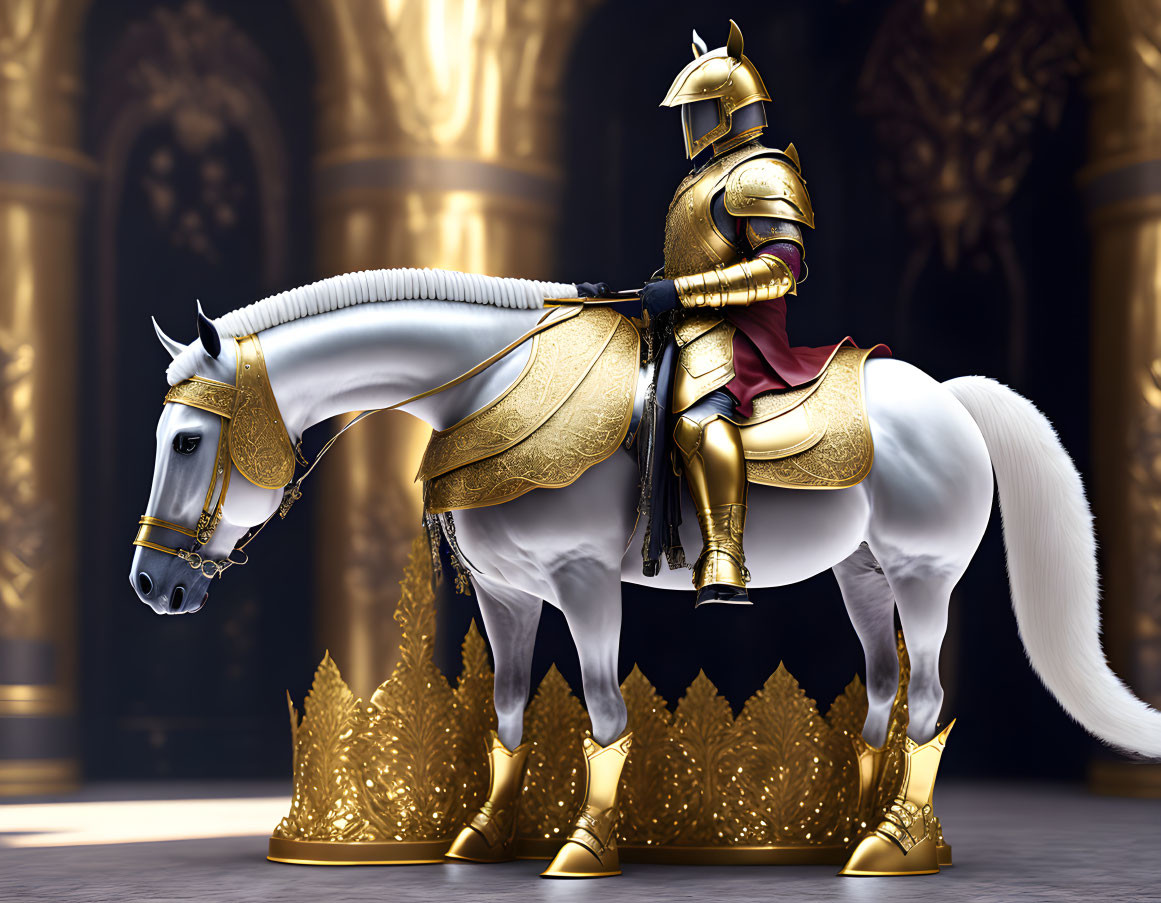 Golden-armored knight on white horse in ornate hall