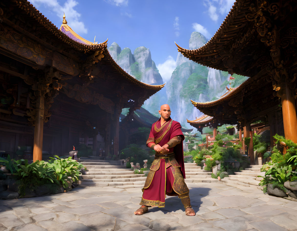 Bald animated character in traditional robes at serene temple courtyard