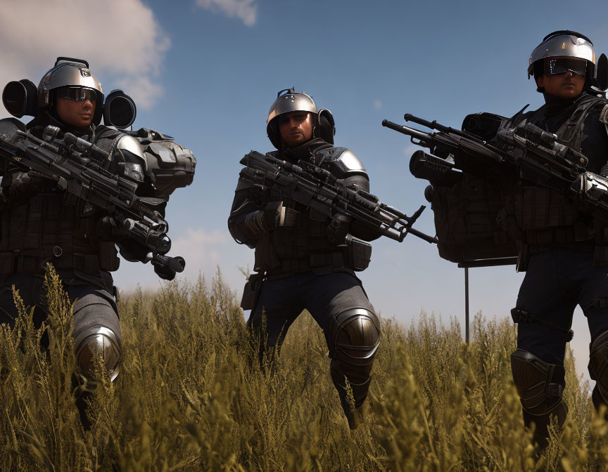 Futuristic soldiers in heavy armor with rifles in grass field