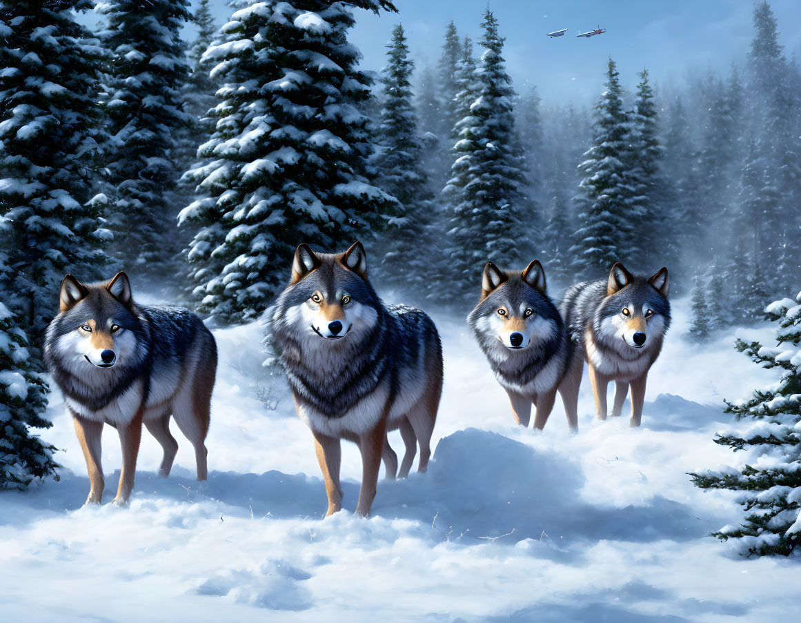 Four Wolves in Snowy Forest with Falling Snowflakes