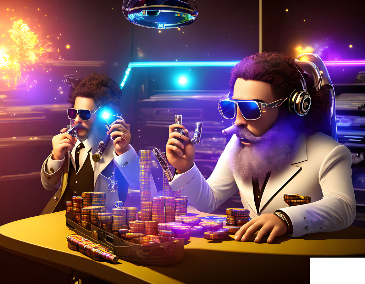 Futuristic animated characters playing poker with UFO and neon lights