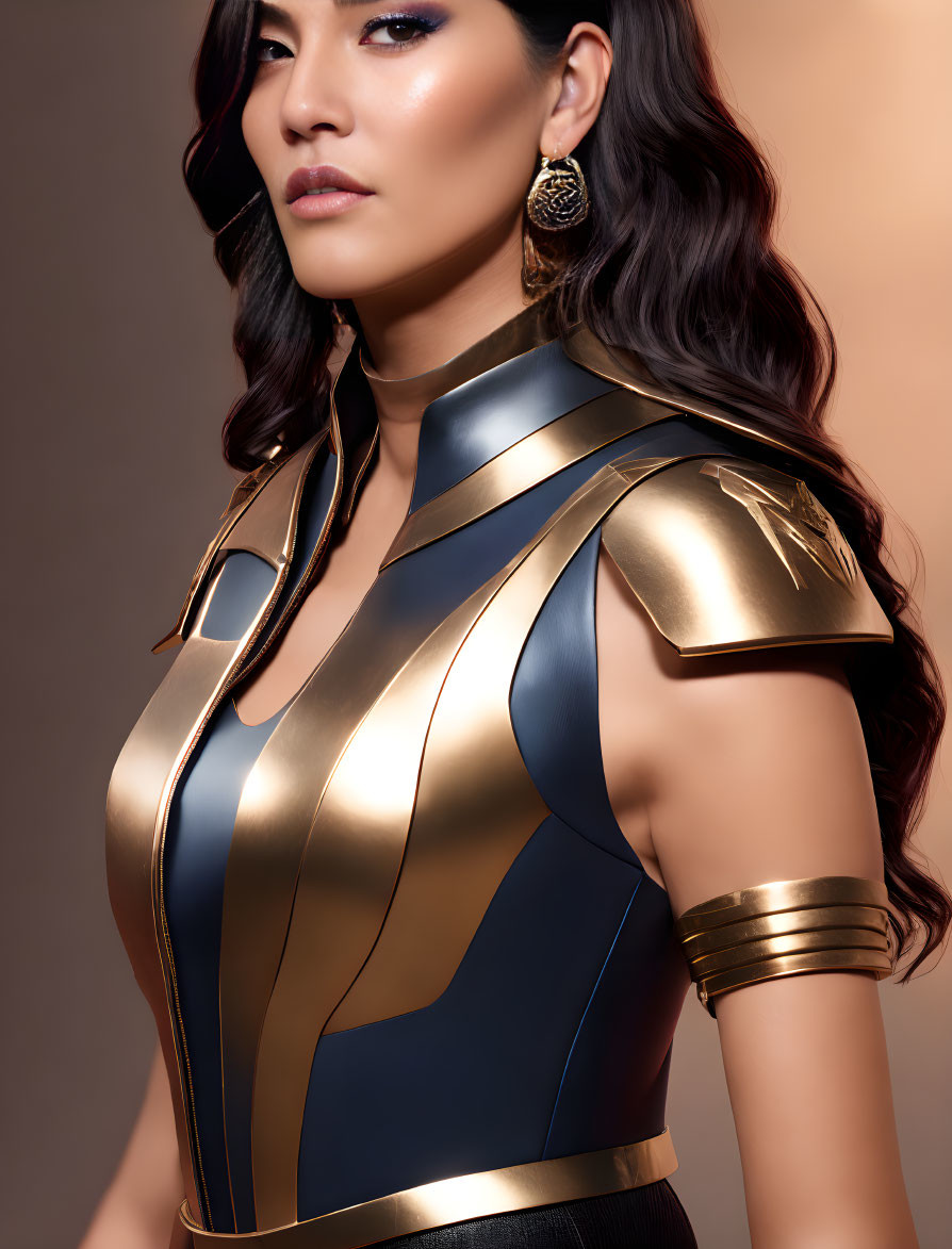 Modern woman in gold and navy blue armor with ear cuff and confident expression