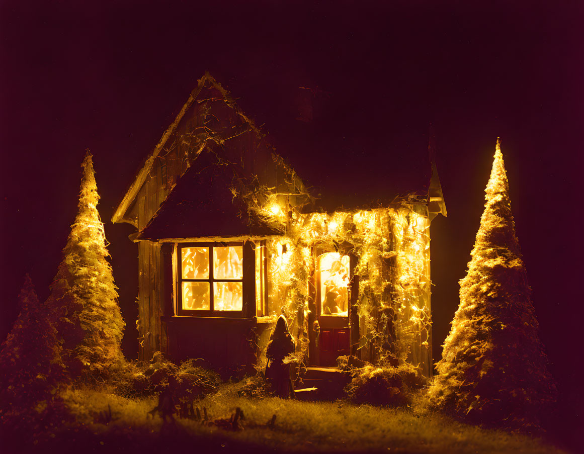 Miniature house glowing at night among trees in a cozy scene