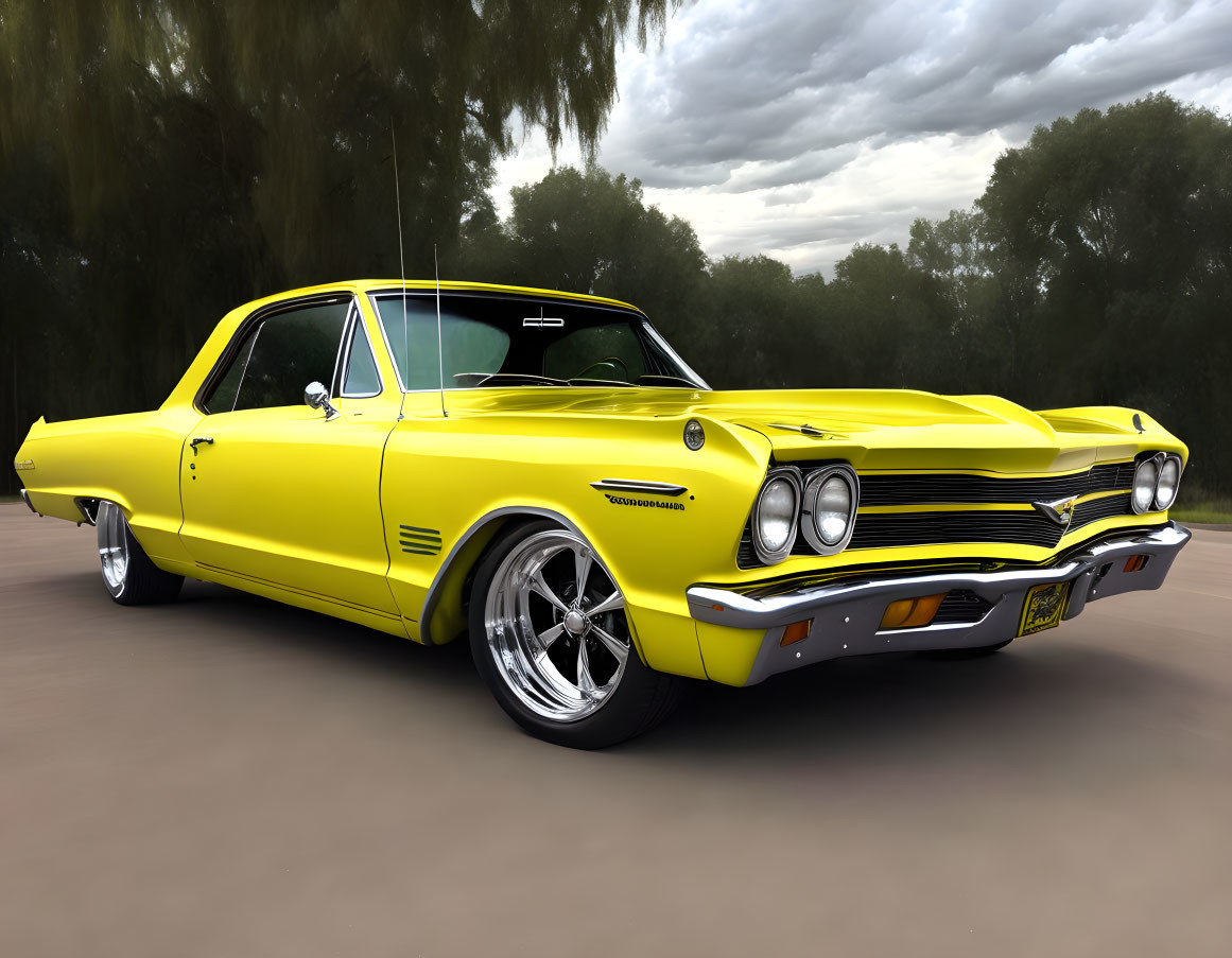 Vintage Yellow Car with Chrome Detailing and Large Wheels Outdoors