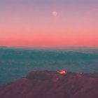 People and truck on hill by sea at sunset with pastel sky and distant island