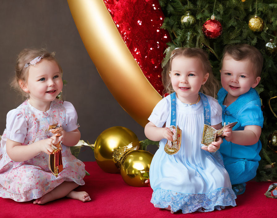 Three toddlers in festive attire by Christmas tree with gifts and ornaments.