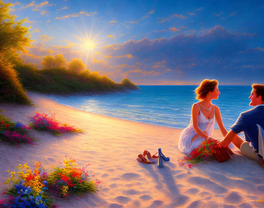 Couple sitting on sandy beach at sunset with colorful flowers, facing the sea under a vivid blue sky