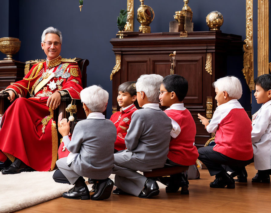 Man in ceremonial attire on throne with children in historical setting