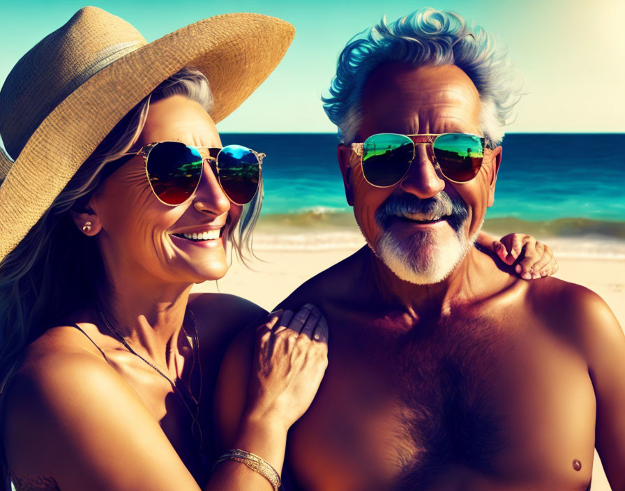 Elderly couple with sunglasses smiling on sunny beach