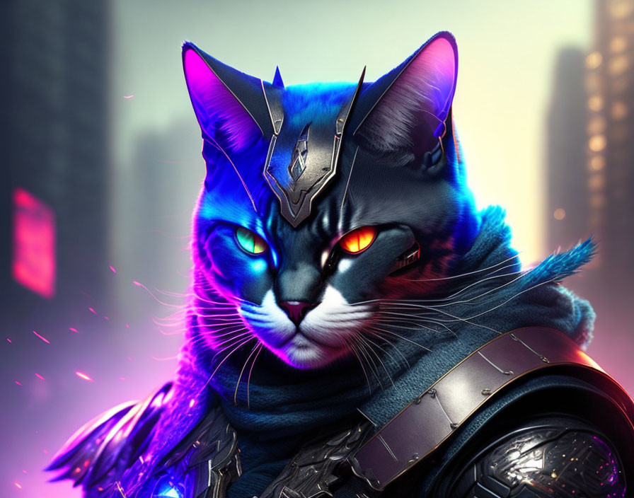 Blue-furred armored cat with red eyes in cityscape backdrop