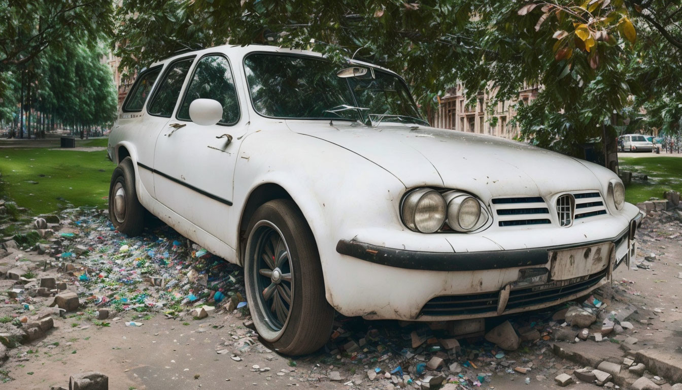 Abandoned white car in dirt, littered urban street with trees