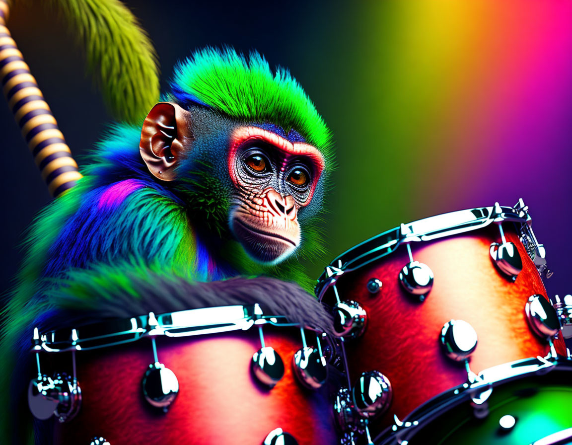 Colorful Monkey with Green Fur and Blue Mohawk Drumming on Multicolored Background