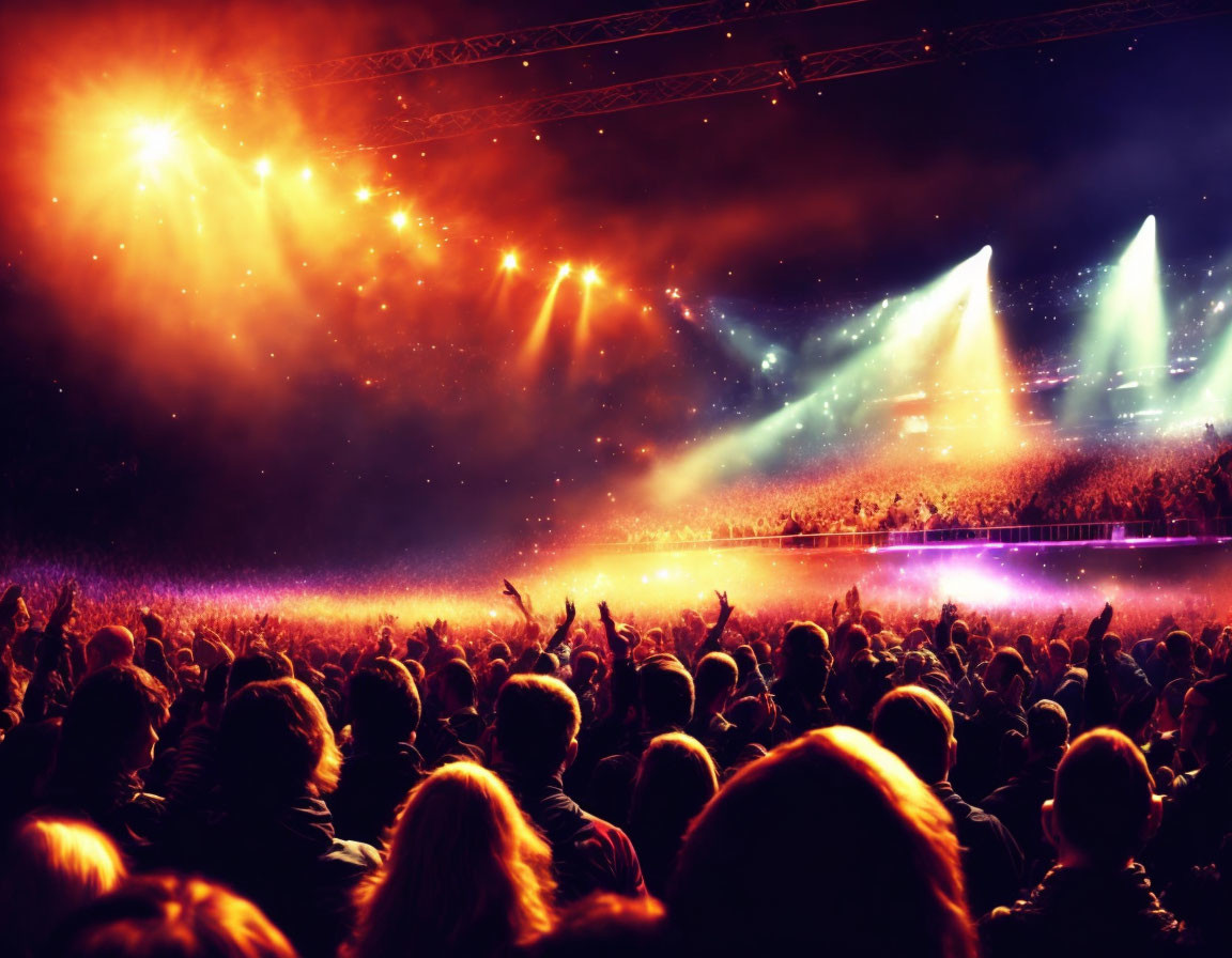 Colorful concert scene with cheering crowd and dazzling stage lights