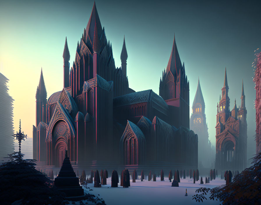 Gothic cathedral at dusk with snowy surroundings and silhouetted trees