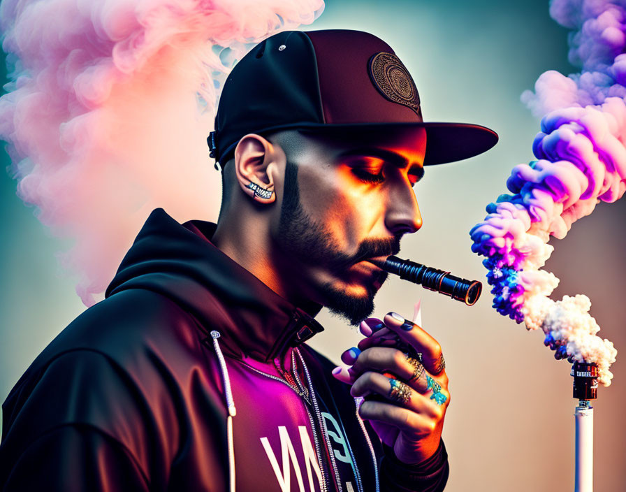 Man in Cap Exhales Colorful Vape Smoke on Vibrant Background