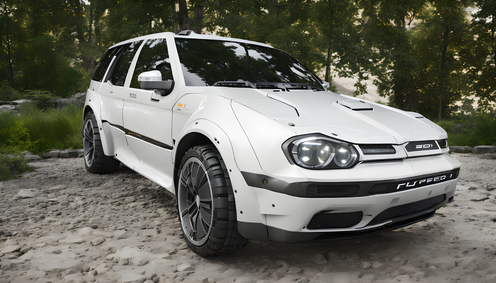 Custom white performance SUV with large wheels and dark trim parked on gravel surrounded by lush greenery