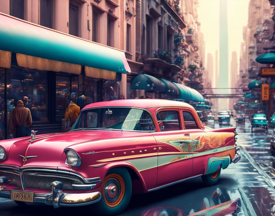 Vintage Pink Car with Elaborate Designs on Vibrant City Street