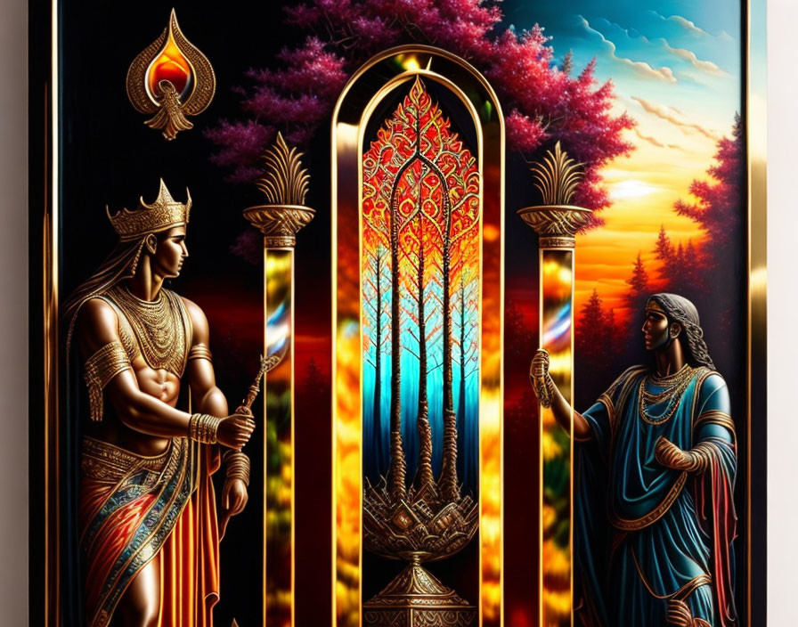 Colorful artwork of regal figures in traditional attire by vibrant archway.