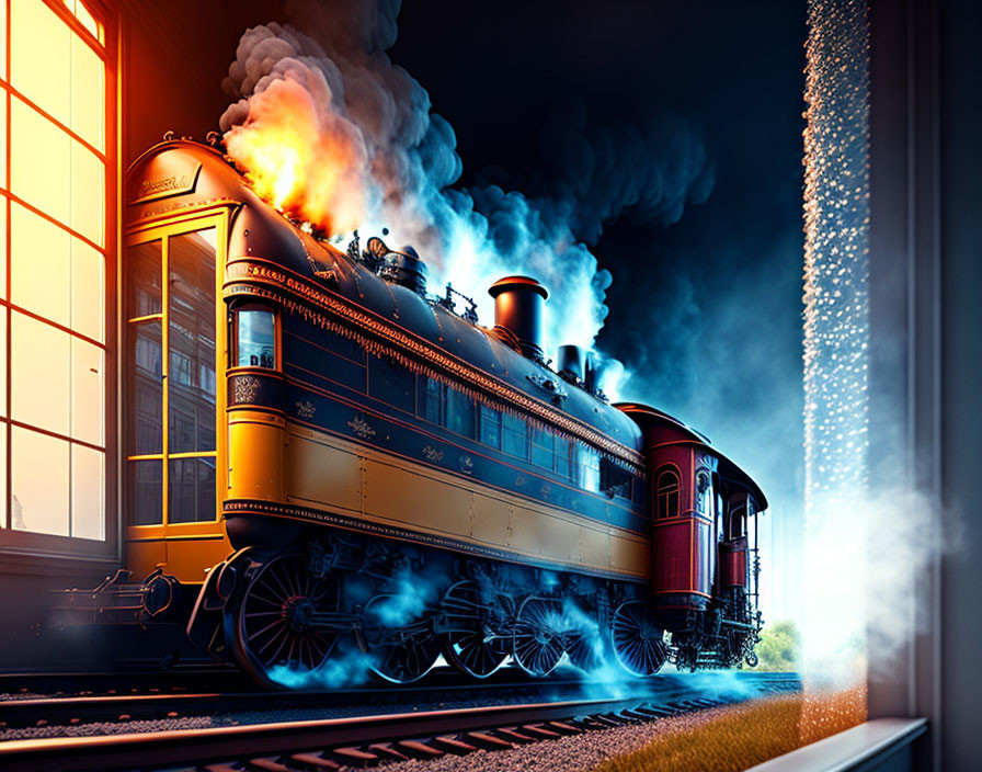 Vintage Steam Train Departing Station at Night with Billowing Smoke and Warm Station Lighting