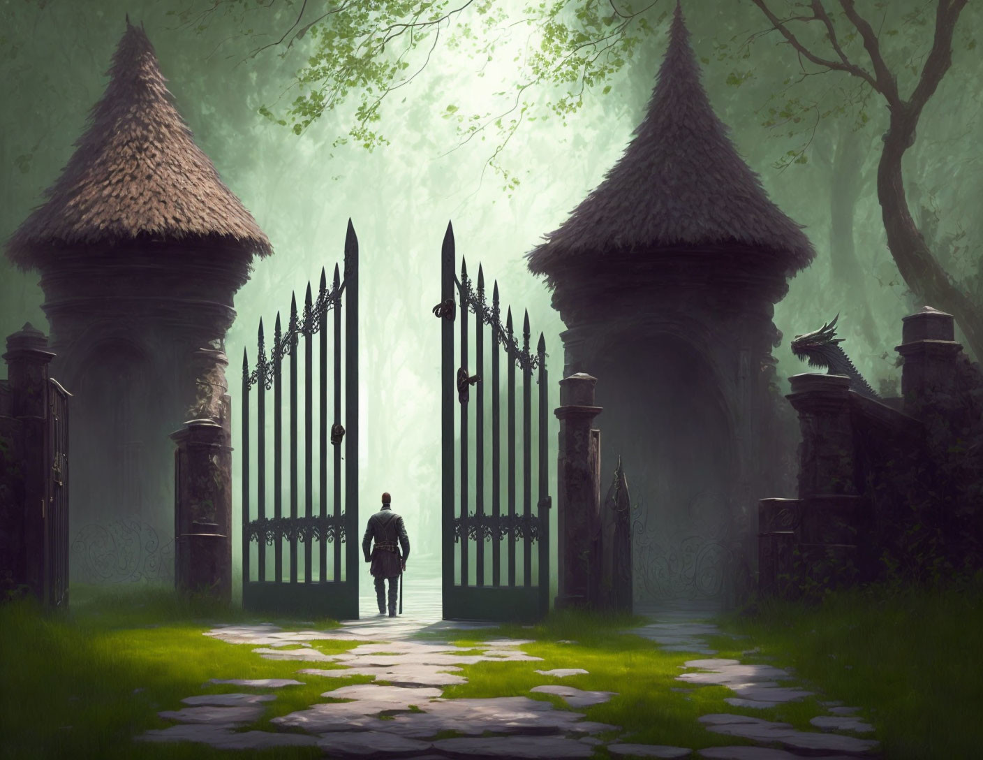 Person standing before ornate gate in misty green forest