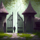 Person standing before ornate gate in misty green forest