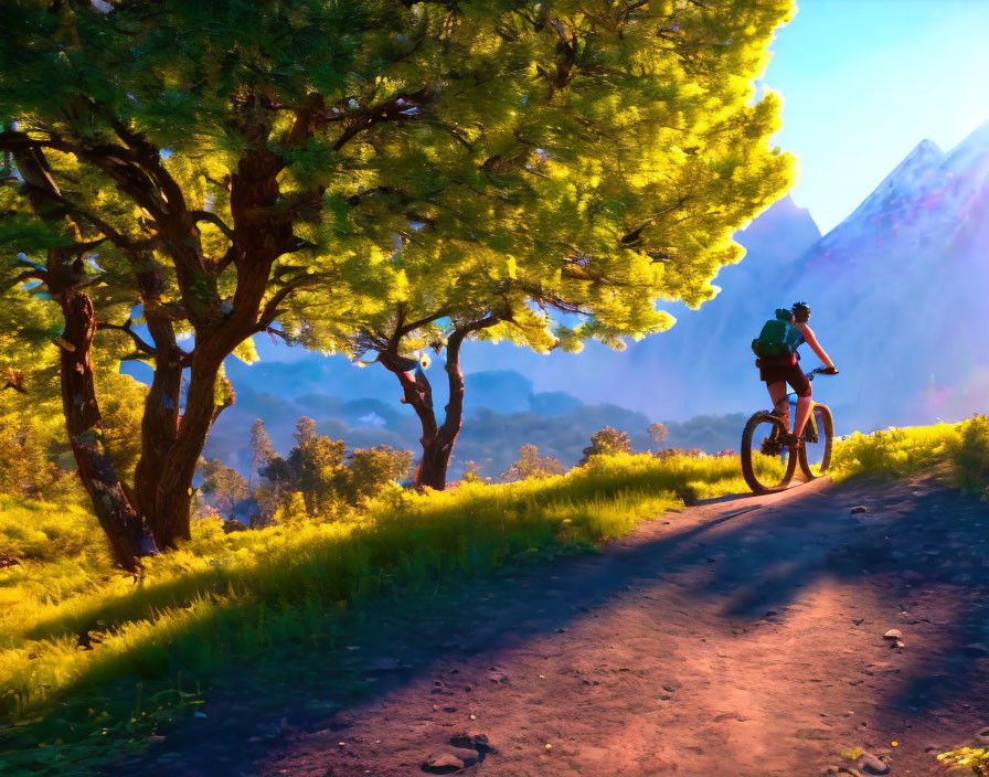 Cyclist riding on dirt path in sunny forest with green trees & mountain view