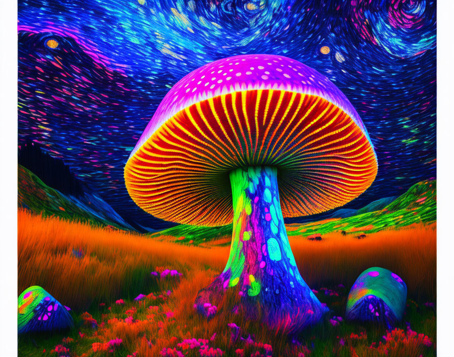 Psychedelic oversized mushroom in vibrant colors against starry night sky.