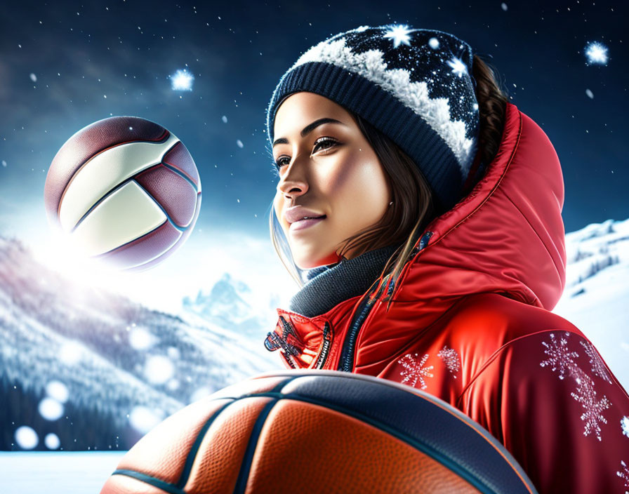 Woman in winter attire with basketball in snowy night