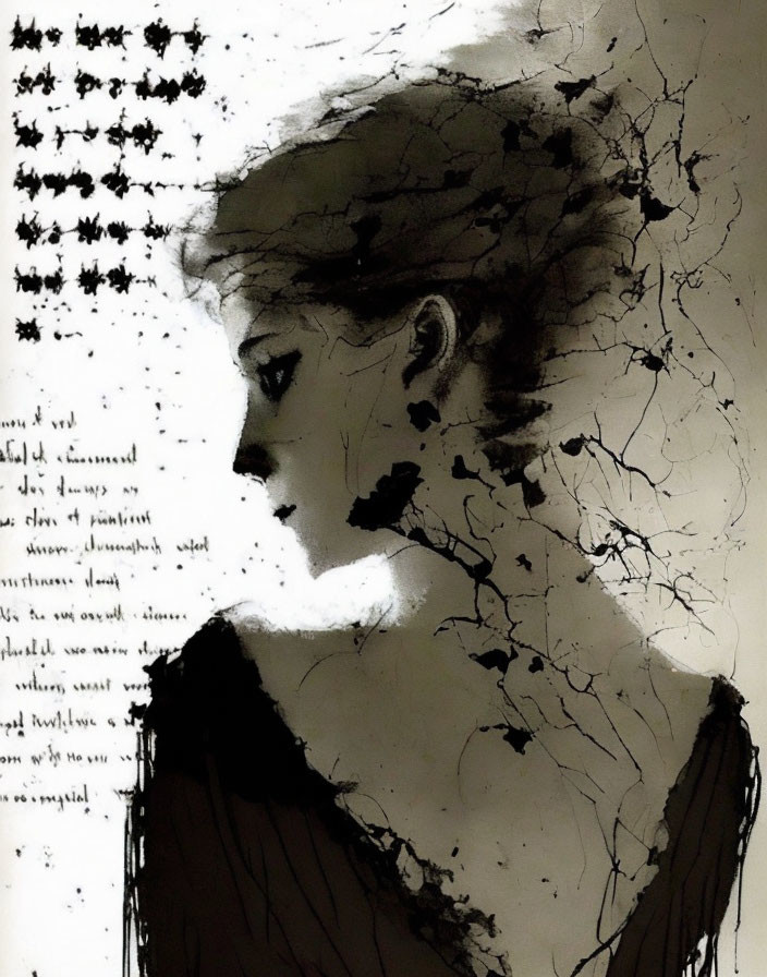 Monochrome profile of a woman with abstract elements and merged text fragments