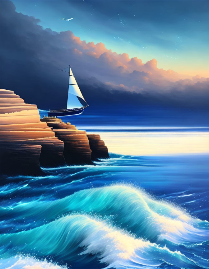 Sailboat near cliff at dusk with vibrant waves & colorful sky