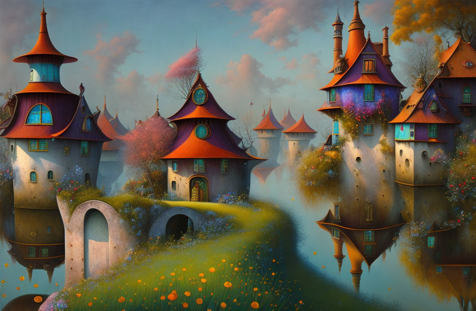 Whimsical towers and colorful houses in misty landscape