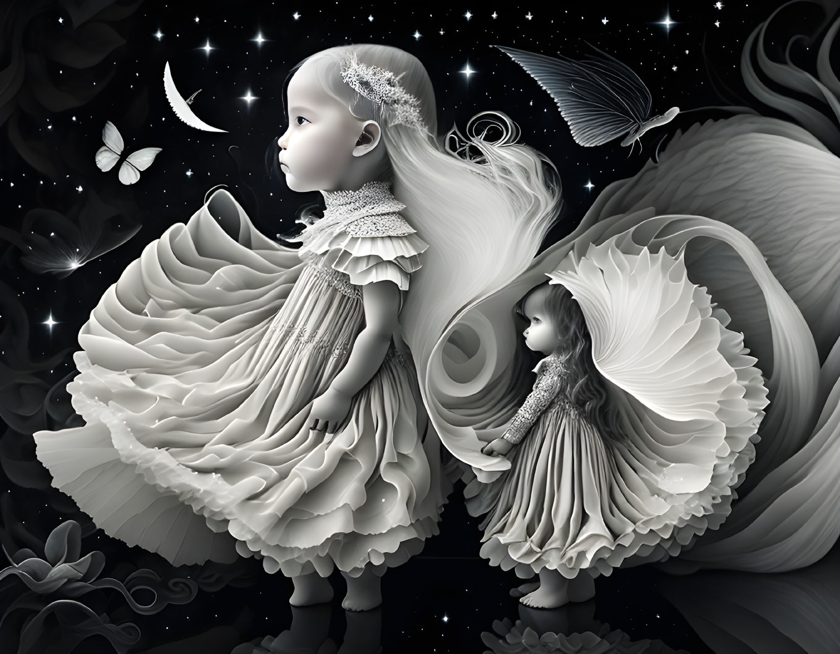 Monochromatic fantasy illustration of two girls in seashell dresses with butterflies in starry setting.