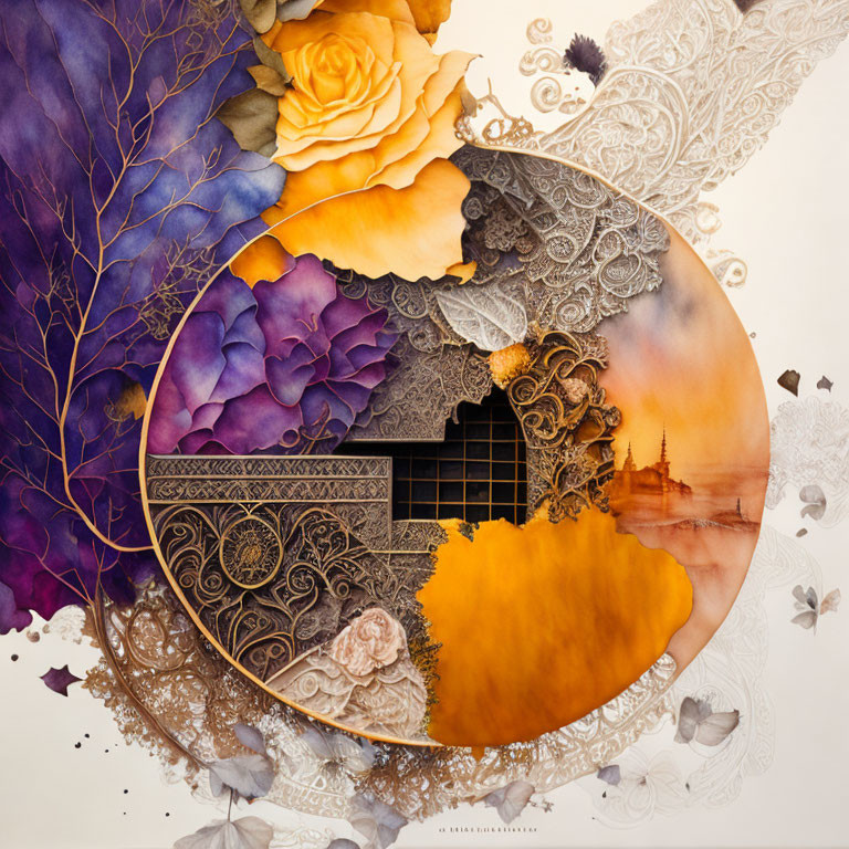 Circular floral and landscape artwork with intricate patterns and architectural details