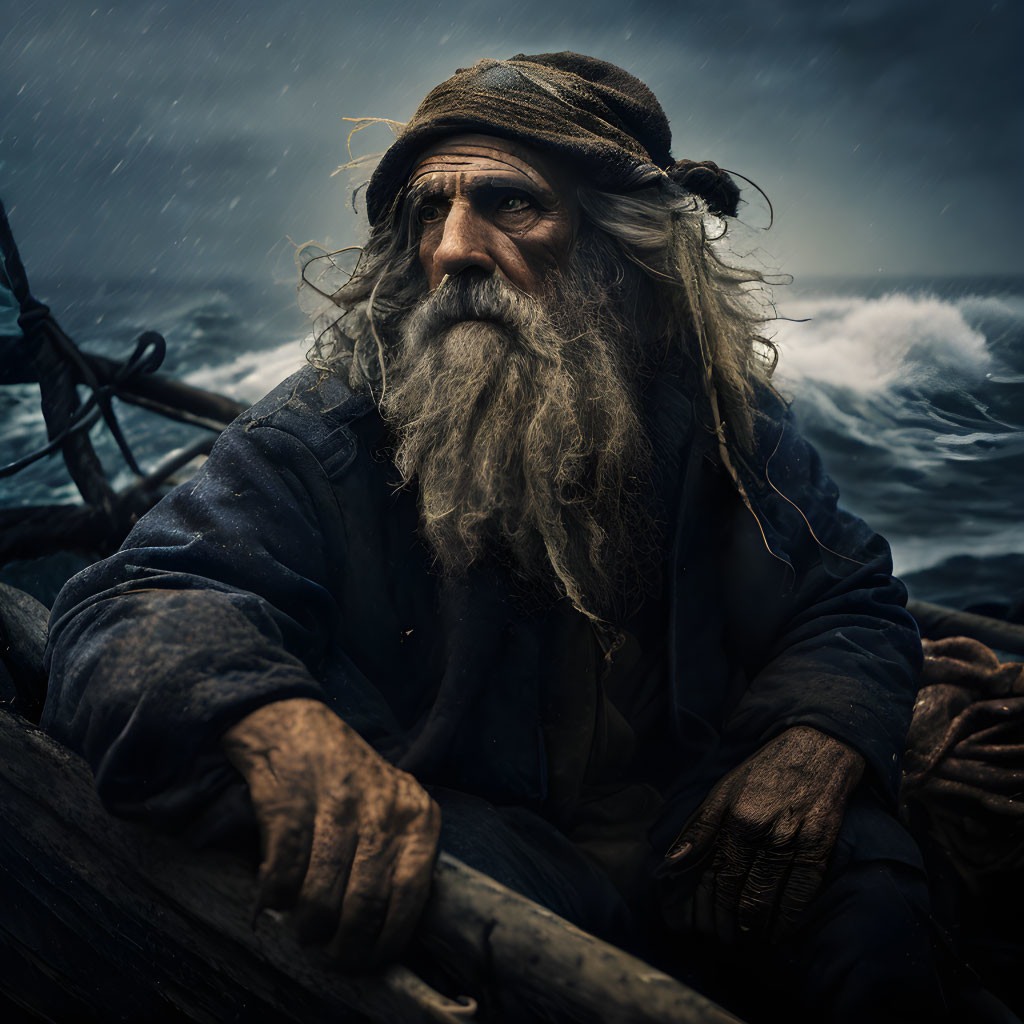 Bearded sailor in blue jacket on boat with stormy seas