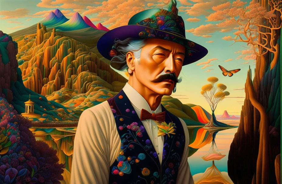 Stylized portrait of a man in hat and floral vest in vibrant fantasy landscape