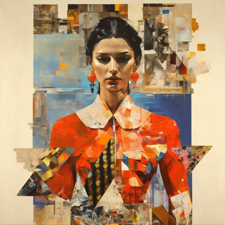 Collage-style painting of woman with dark hair and red earrings