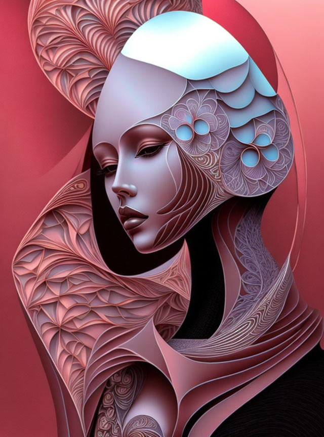 Stylized female figure with ornamental headdress on red background