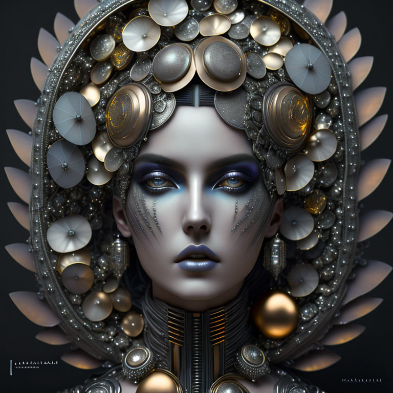 Woman with dramatic makeup and metallic button headdress on dark background