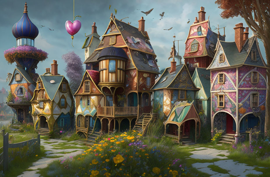 Colorful whimsical village with floating balloons and vibrant gardens