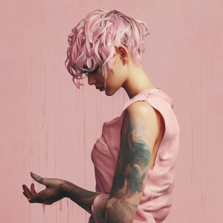 Pink Curly Hair Person with Arm Tattoos on Pink Paint Drip Backdrop