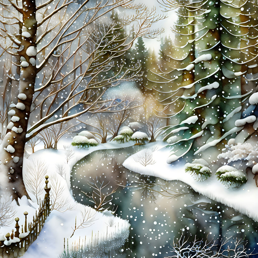 Snow-covered trees and stream in serene winter landscape