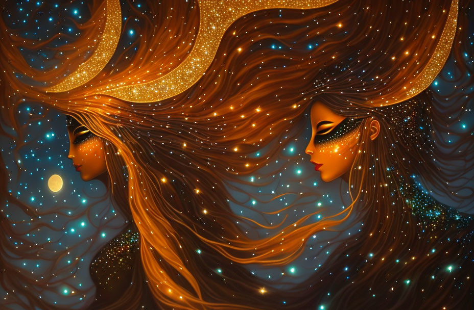 Two women with flowing hair merging with starry night sky in cosmic entity scene