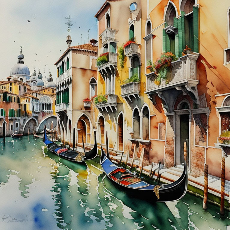 Venetian canal watercolor painting with gondolas and buildings