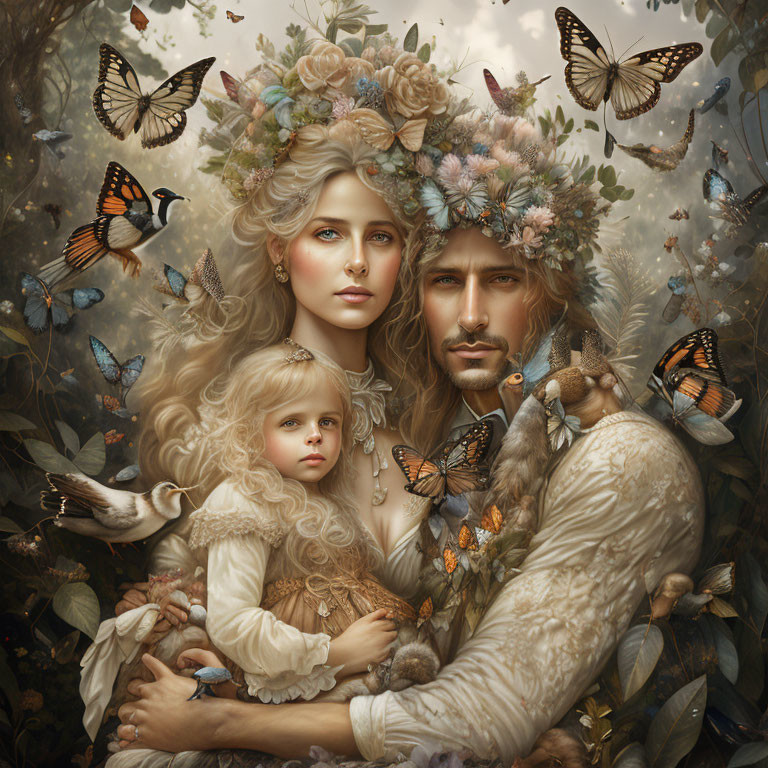 Ethereal family portrait with butterflies, foliage, and ornate floral garments