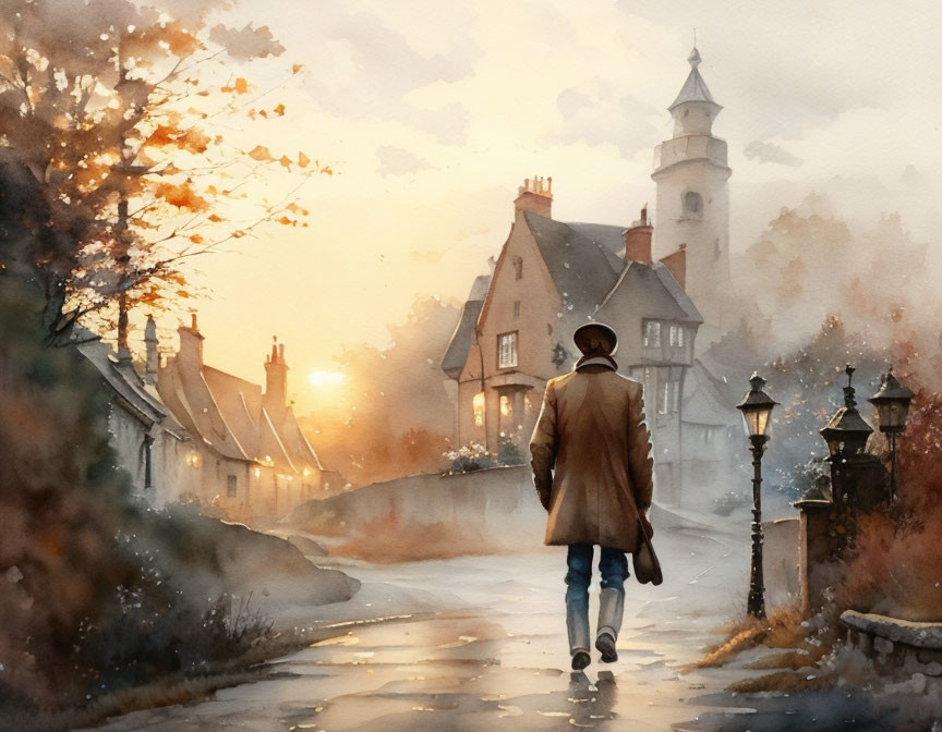 Person walking towards quaint houses and tower on misty autumn evening with glowing street lamps and scattered leaves.