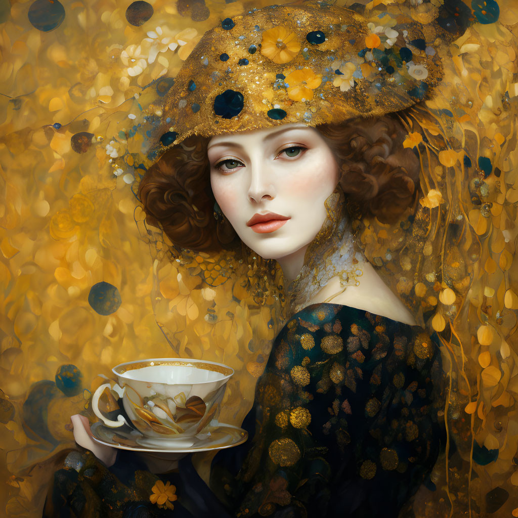 Curly-haired woman in golden flower hat with teacup in floral setting