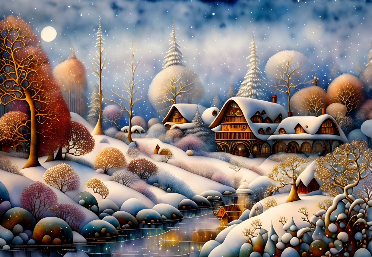 Snow-covered cottages and starry sky in whimsical winter landscape