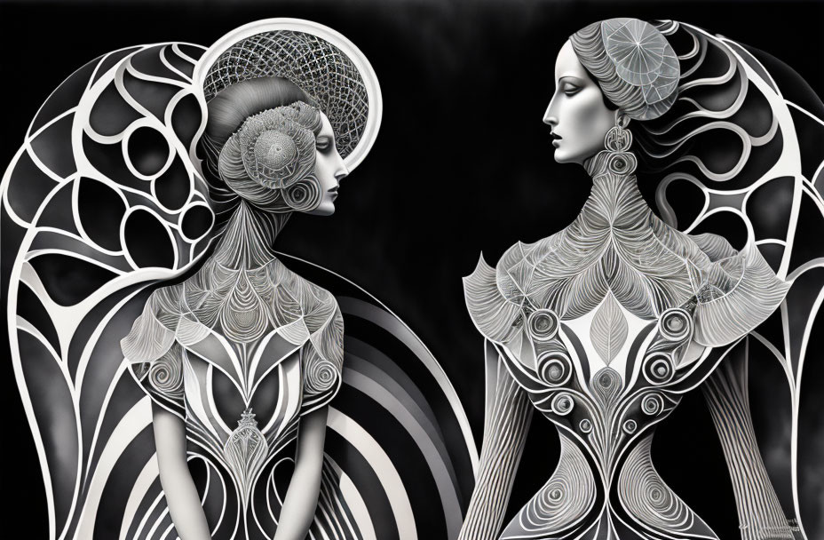 Intricately designed monochrome figures in futuristic fashion on black background