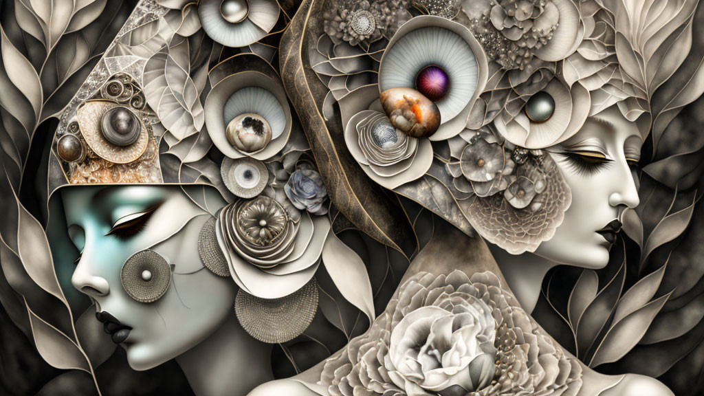 Stylized female faces in surreal artwork with metallic textures